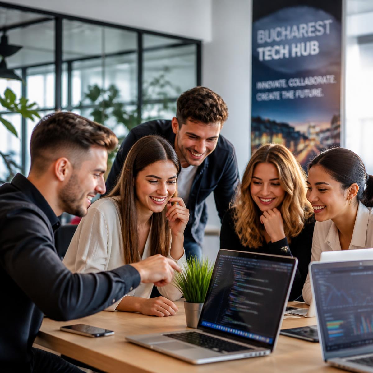 Tineri colaborând cu entuziasm la laptopuri într-un hub tech